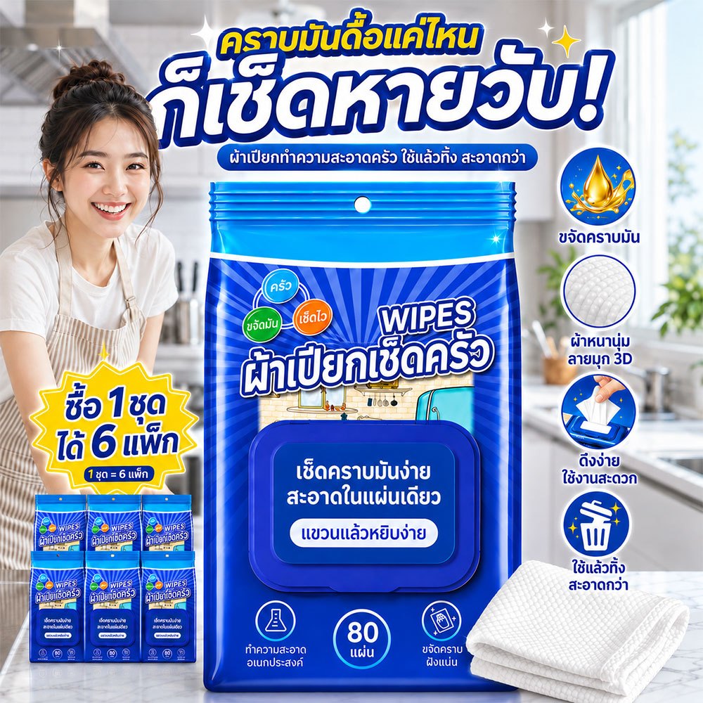 ทิชชู่เปียกห้องครัว ทิชชู่เปียกทำความสะอาด แผ่นทำความสะอาดครัว แบบแขวน แผ่นใหญ่ หนานุ่ม ขจัดคราบมัน 80แผ่น/แพ็ค