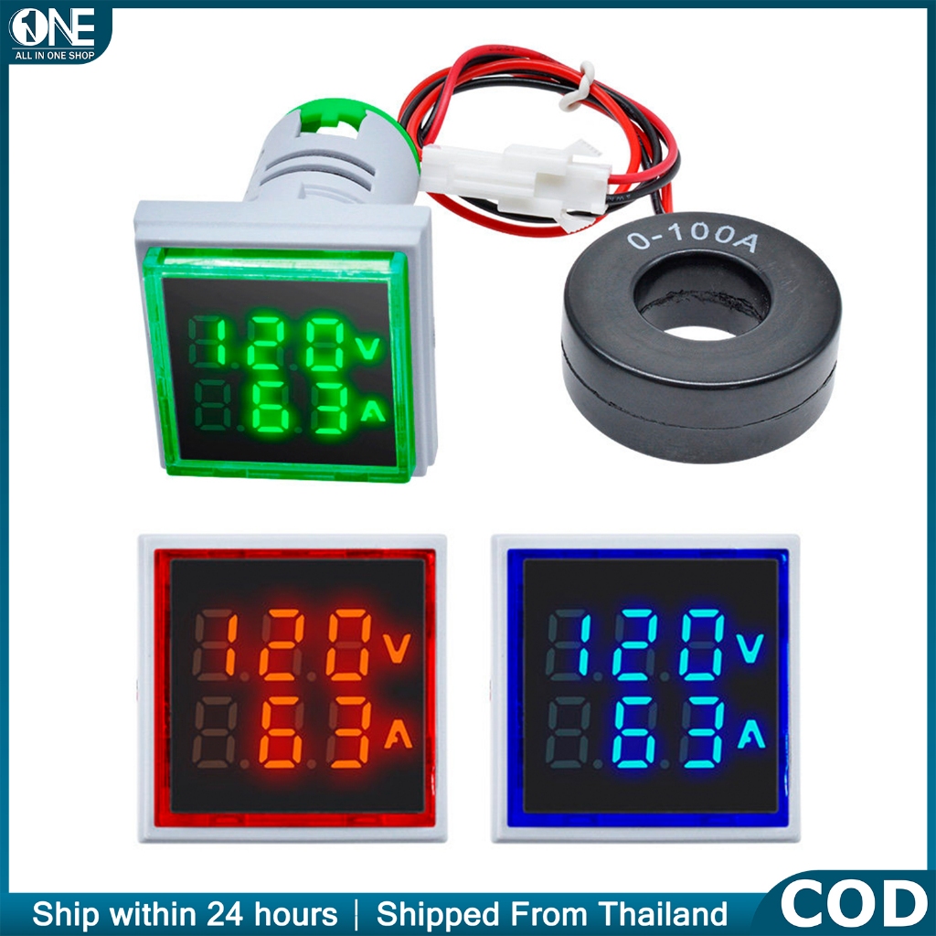 Digital AC Voltmeter Ammeter 22mm 0-100A 60-500V | มิเตอร์วัดไฟฟ้า แสดงผล LED สำหรับตู้คอนโทรล