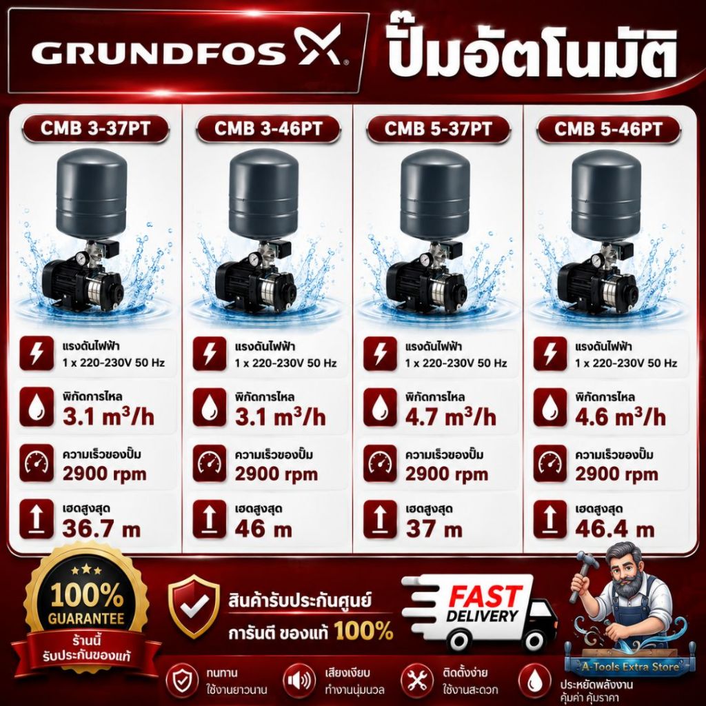 GRUNDFOS ปั๊มน้ำอัตโนมัติ (ถังแรงดัน) รุ่น  CMB 3-37PT 500W / CMB 3-46PT 500W / CMB 5-37PT 670W  / C