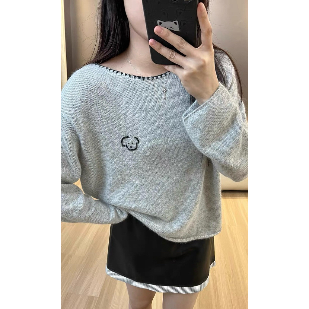 CHERISH (พร้อมส่ง) เสื้อแขนยาว คอกลม ทอลายน้องหมา ผ้านุ่มมาก
