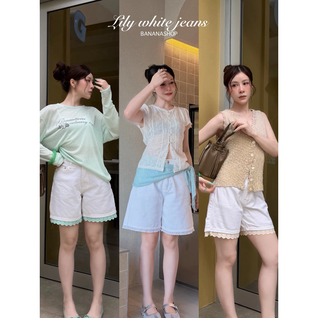 Lily White Jeans🤍กางเกงยีนส์ขาสั้นลูกไม้ ลุคลูกคุณหนู ผ้านุ่มเก็บทรง ใส่แล้วดูขาเรียว✨