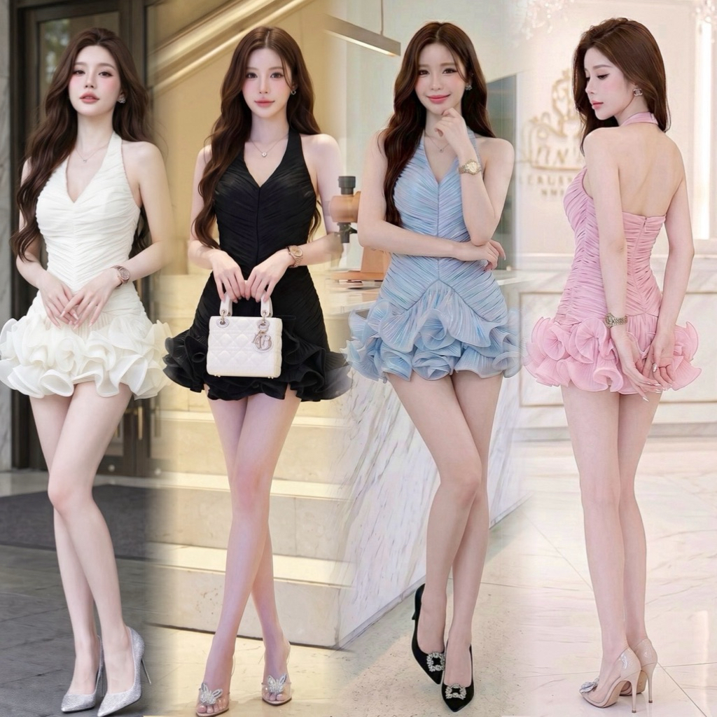 MILA• เดรสสั้นสีพาสเทล คล้องคอโชว์ครึ่งหลัง ตัวชุดจับพลีทละเอียดทั้งตัว กระโปรงชายระบายฟูเป็นชั้น ๆ สวยหวานมาก