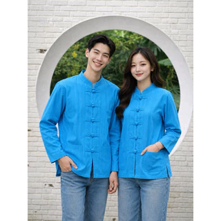 คอจีนแขนยาวแต่งกระดุม7เม็ดงานผ้าฝ้ายพื้นเมืองทรงสวยสุภาพเสื้อทรงตรงใส่ได้ชายหญิงส่งของทุกวันมีปลายทาง
