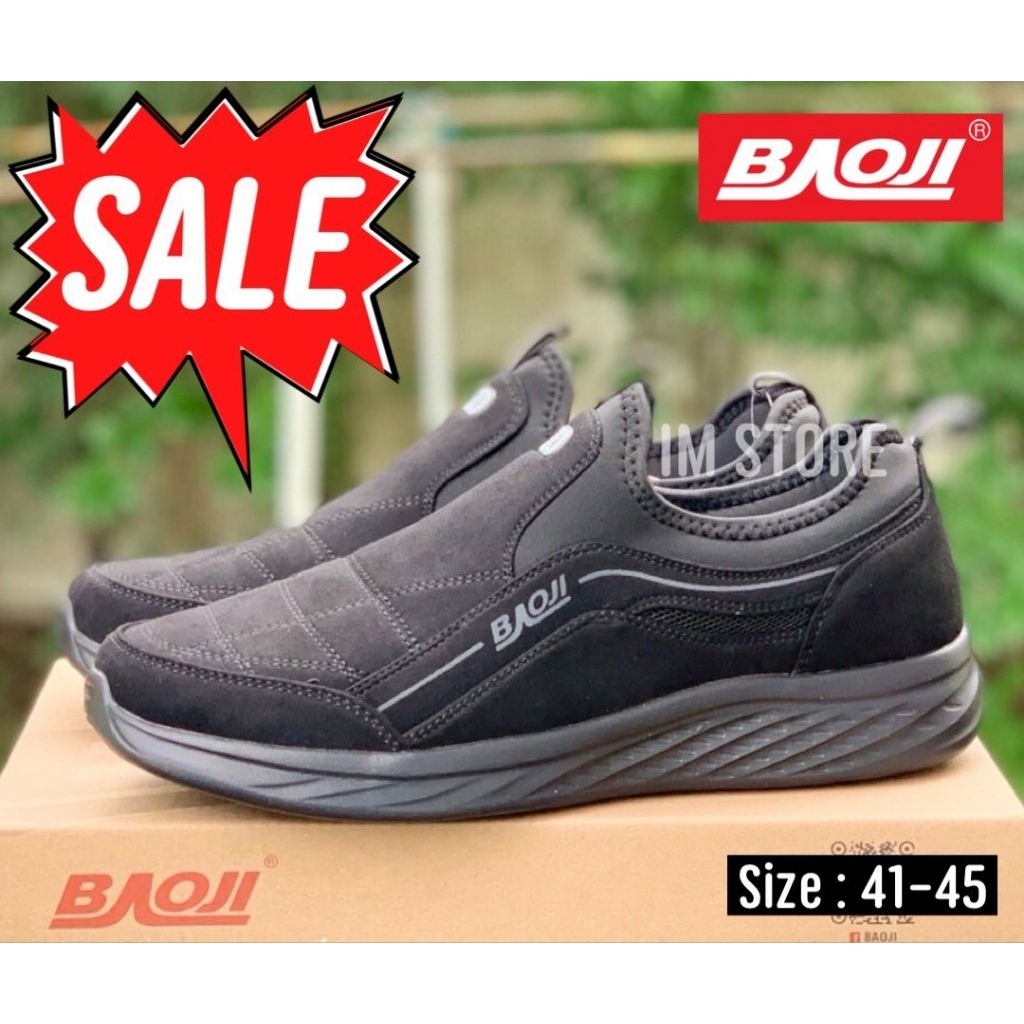 💥 BAOJI ลิขสิทธิ์แท้ SALE 💥 รองเท้าบาโอจิ ผู้ชาย สีดำล้วน 41-45 นุ่ม เบา ใส่สบาย ลำลอง แบบสวม สลิปออน รองเท้าผ้าใบ สีดำ