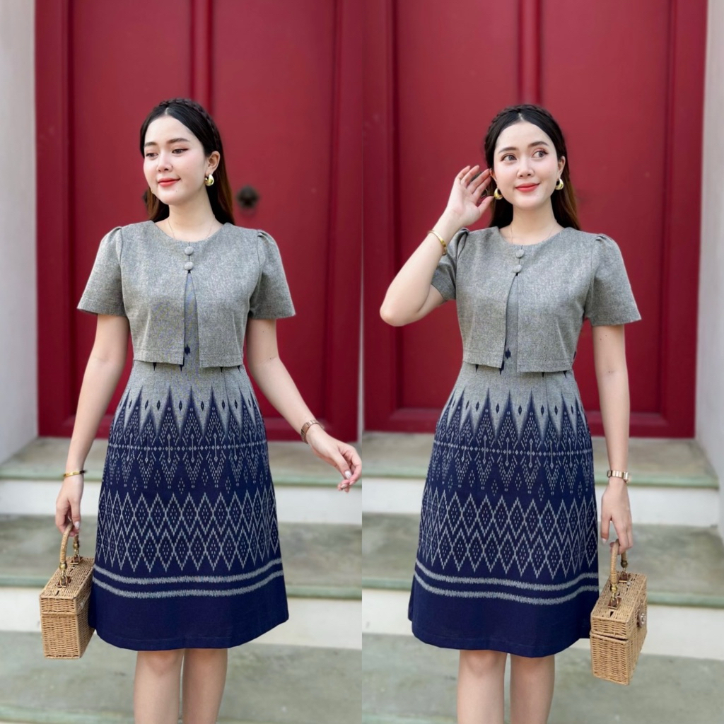 {{มีซับใน ไม่อัดกาว}} M-2XL เดรสผ้าฝ้ายพิมพ์ลาย สีเทา-คราม/สีม่วง แต่งกั๊ก+กระดุม(รุ่นกั๊กตรง)