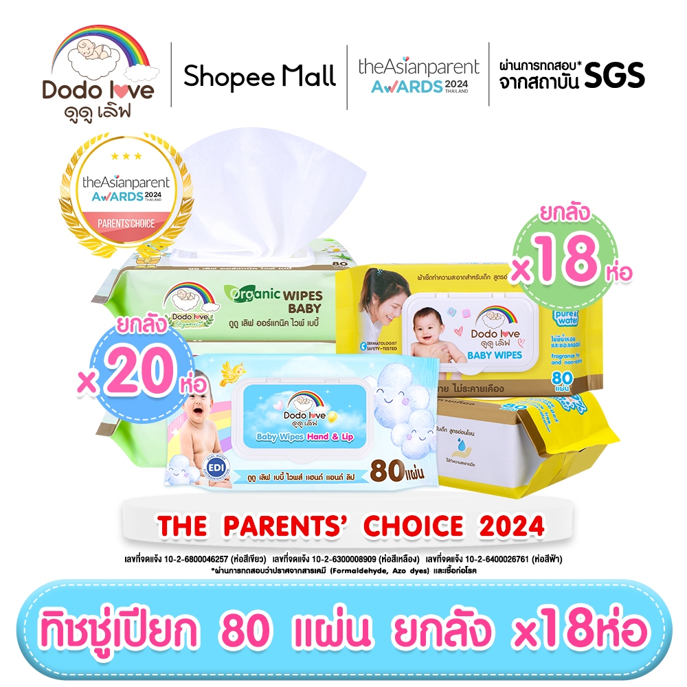 [ยกลัง16,18] DODOLOVE Baby Wipes ผ้าเช็ดทำความสะอาดสำหรับเด็