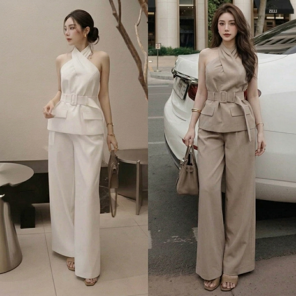 H161 ชุดเซตผู้หญิงเสื้อคล้องคอพร้อมกางเกงขายาวเอวสูง