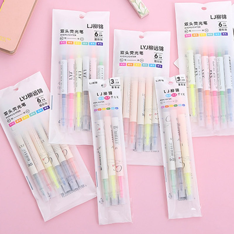 ปากกาไฮไลต์2หัวในแท่งเดียว(แพ็ค6แท่ง) ปากกาเน้นข้อความ ปากกาพาสเทล ปากกาสีสดใส เครื่องเขียนจดบันทึก