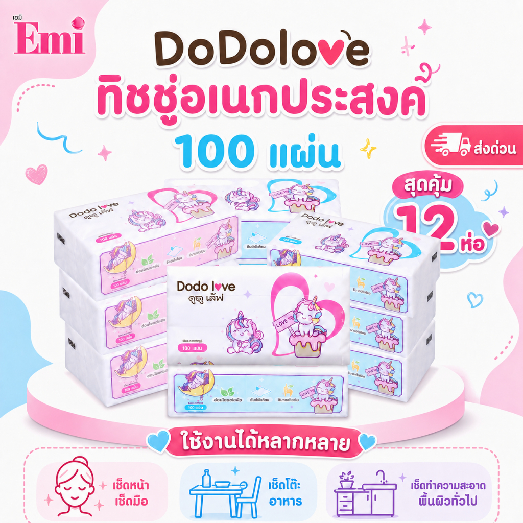 [ส่งด่วน ยกลัง 12 ห่อ] DODOLOVE ทิชชู่อเนกประสงค์ 100 แผ่น/ห่อ  ไร้สารเรืองแสง เช็ดสะอาด ใช้งานได้ทั่วไป