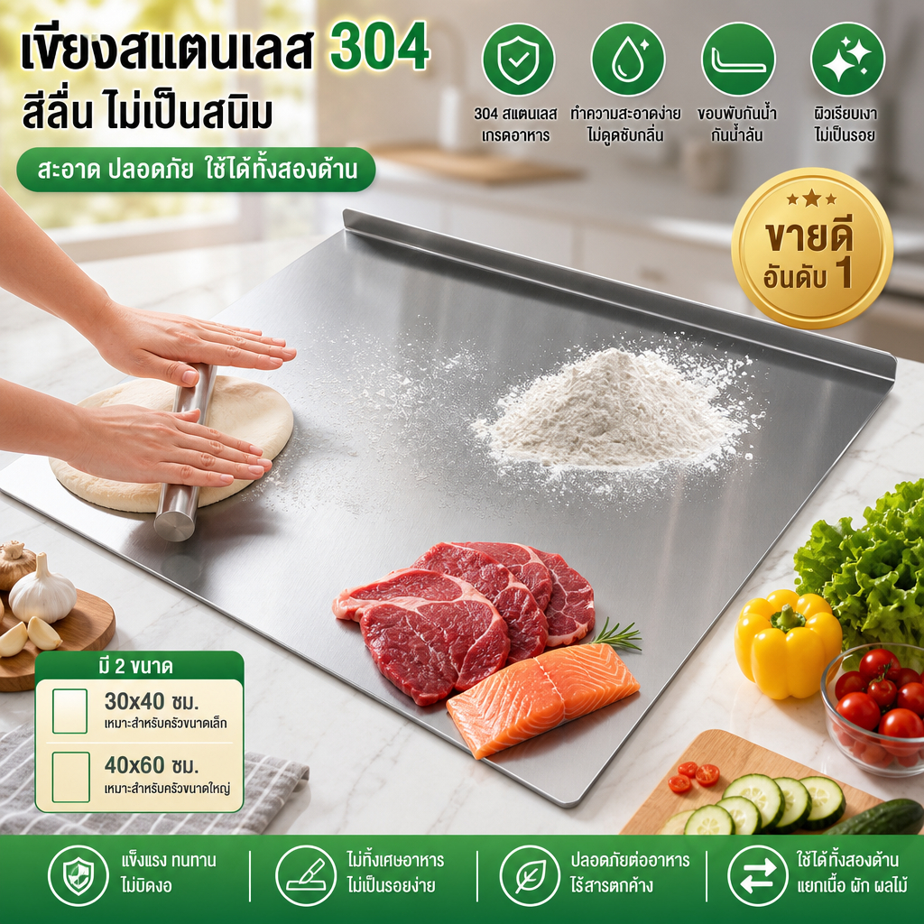 เขียงสแตนเลส 304 กันเชื้อรา กันลื่น พับขอบได้ 30x40/40x60 ซม. ทำความสะอาดง่าย ไม่ดูดซับกลิ่น สำหรับหั่นเนื้อ ปลา ผัก ผลไ