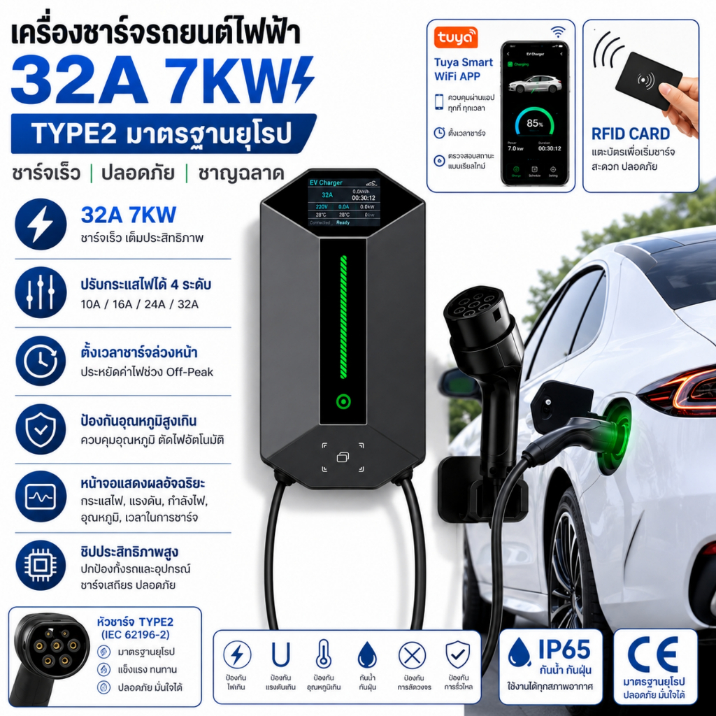 Chargenie Smart EV Charger 32A 7KW  Type 2 Wall-box พร้อมจอ LCD  รองรับ APP WiFi 4G สำหรับรถยนต์ไฟฟ้