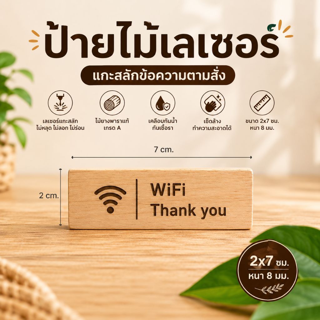 ป้ายไม้เลเซอร์ แกะสลักข้อความตามสั่ง ป้ายไม้ Custom ป้ายชื่อ ป้ายห้อง ป้ายร้าน ขนาด 2x7 ซม.