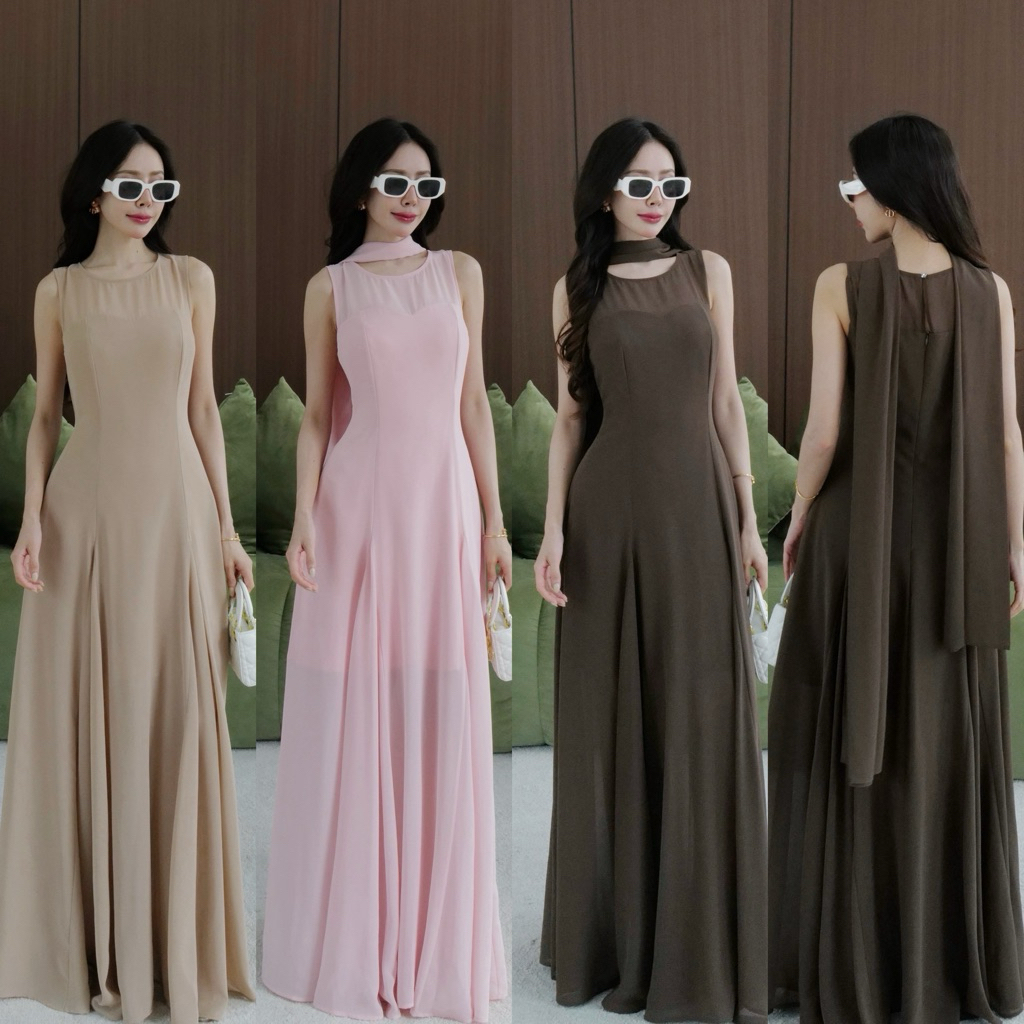5890# เดรสเก๋สวย ช่วงอกและกระโปรงแต่งซีทรูมีซับใน มีผ้าคาดคอ Eve by intuon