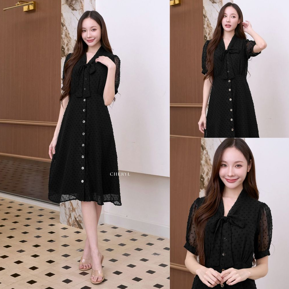 Cheryl brand - Sally Midi Button Ribbon Dress in Black Texture Fabric / เดรสผ้าชีฟองสีดำ กระดุมด้านหน้า