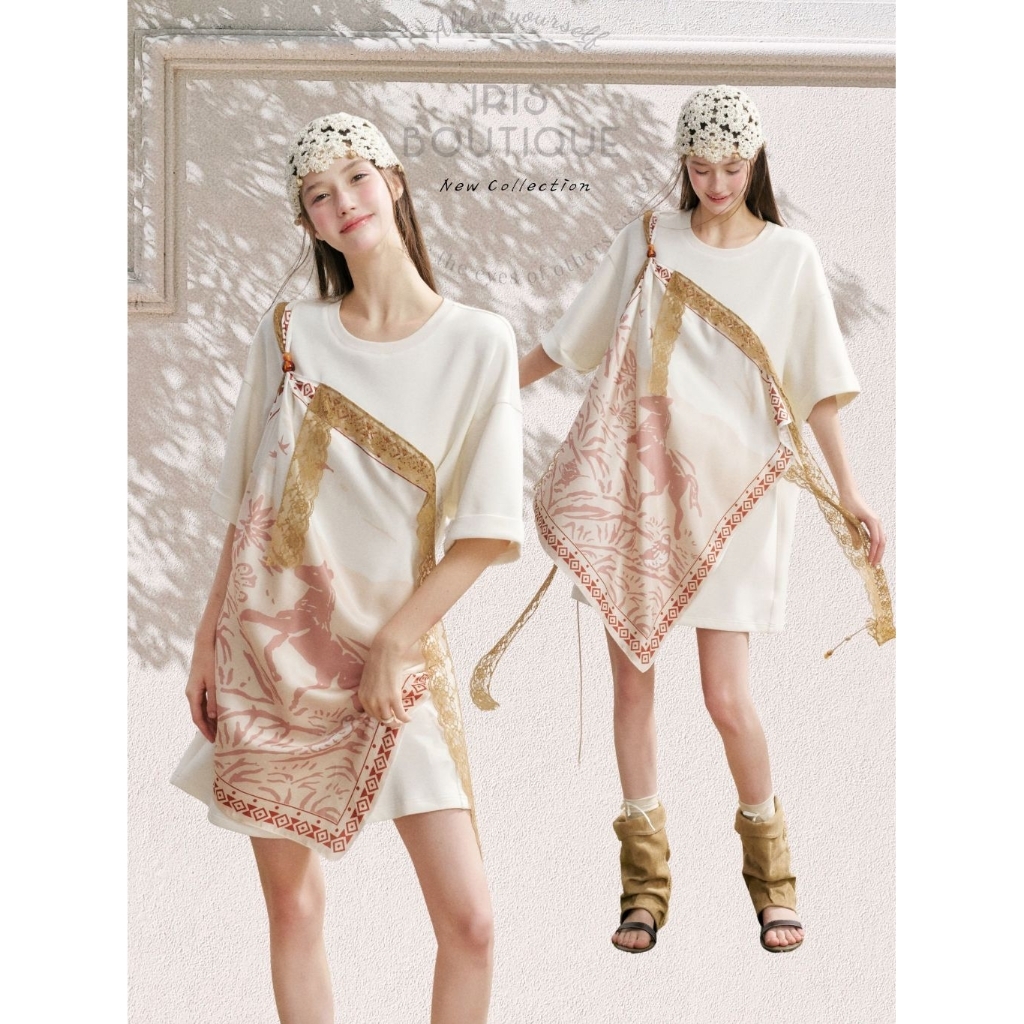 Original Design IRIS BOUTIQUE Trims series summer ID73931 Asymmetrical Scarf-Detail T-Shirt Dress มินิเดรสดีไซน์ผ้าพันคอ