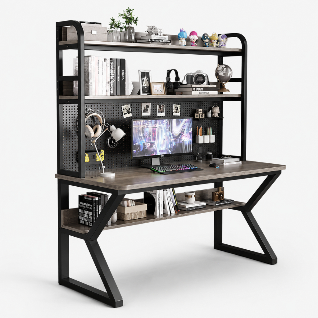 COREY โต๊ะเกม โต๊ะคอมพิวเตอร์มัลติฟังก์ชั่ Pegboard DIY มั่นคงขาเหล็กสไตล์โมเดิร์นลมชั้นวางของหลายชั้น