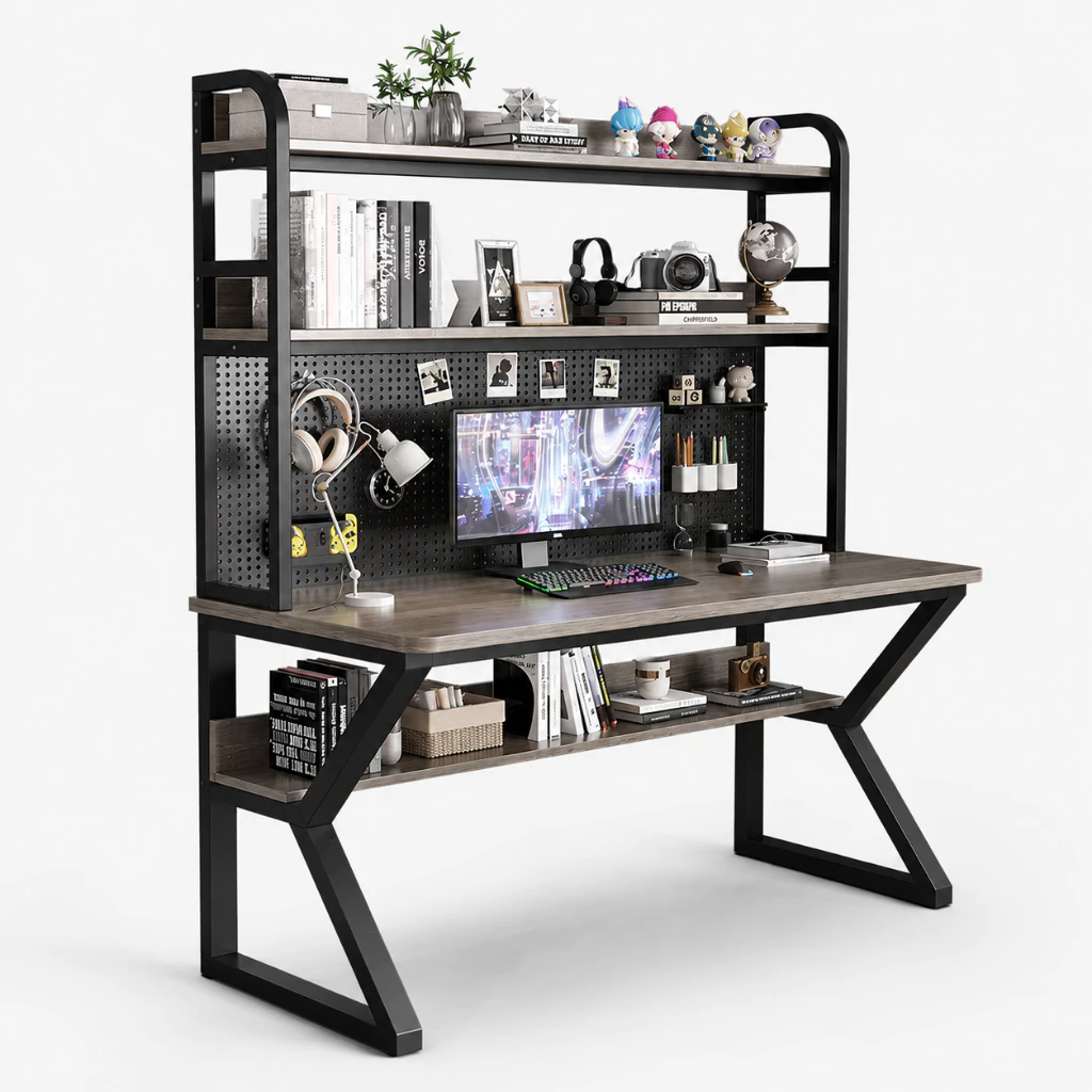 COREY โต๊ะเกม โต๊ะคอมพิวเตอร์มัลติฟังก์ชั่ Pegboard DIY มั่นคงขาเหล็กสไตล์โมเดิร์นลมชั้นวางของหลายชั้น