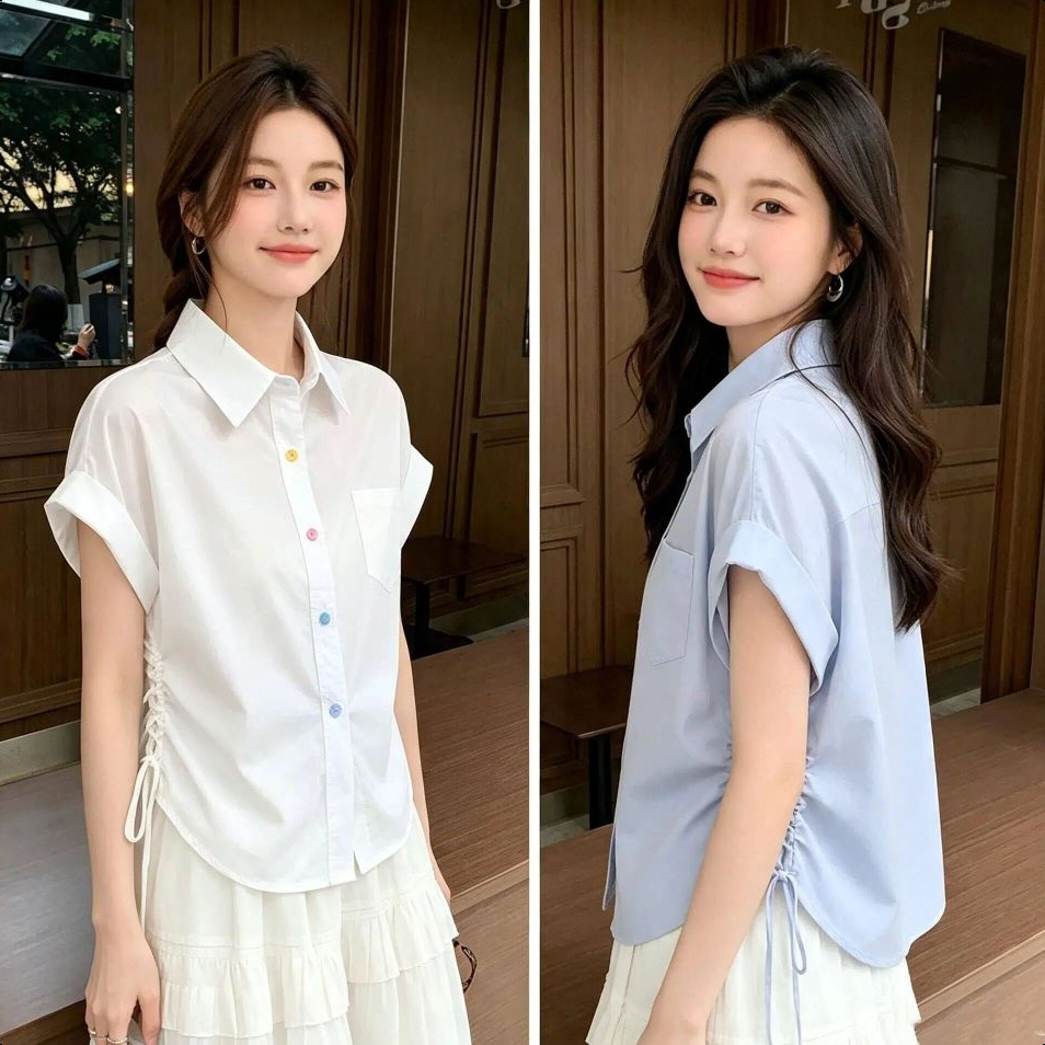 Aurae เสื้อเชิ้ตคอปกแขนสั้น กระดุมหลายสี มีเชือกผูกข้างเอวปรับรอบเสื้อได้ สีทึบพื้นฐาน