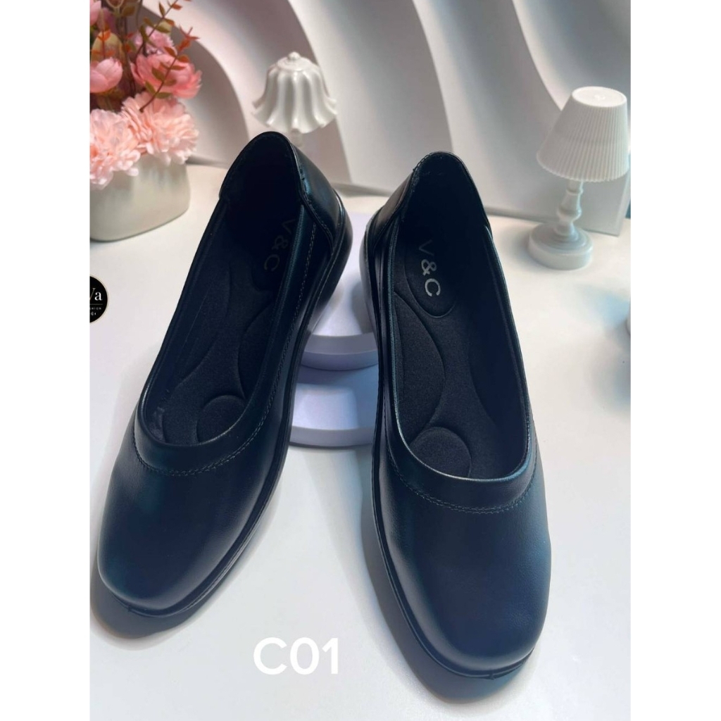 รองเท้าคัชชูผู้หญิง สีดำ พื้นเรียบ เสริมพื้น 1นิ้ว พื้นนุ่ม ใส่ทำงาน น้ำหนักเบา รหัส C01
