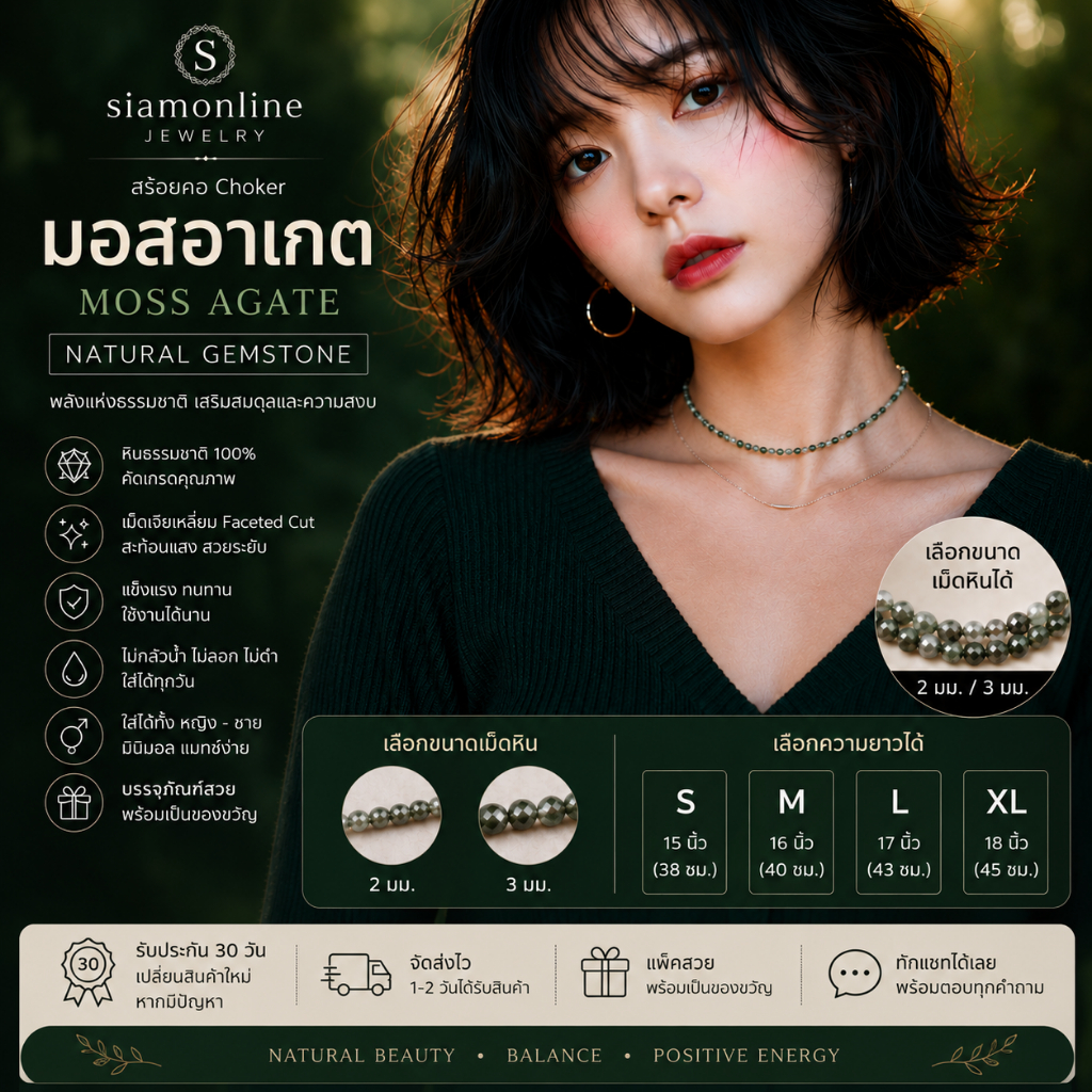 สร้อยคอ Choker หินมอสอาเกตแท้ Faceted | Moss Agate | เม็ด 2/3 มม. | เลือกความยาว S-XL | Siamonline