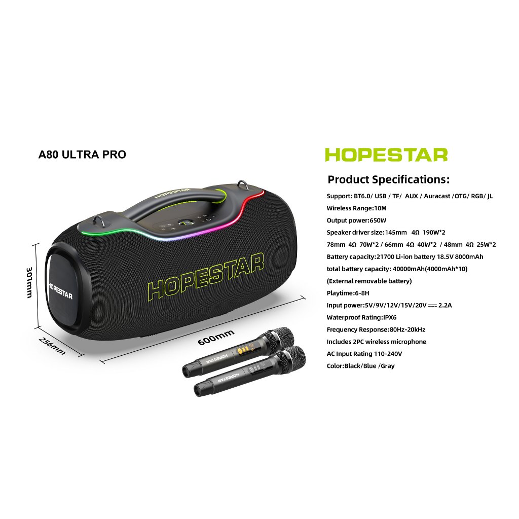 ลำโพง Hopestar A80 ULTRA PRO 650W + 2 microphoneไร้สาย