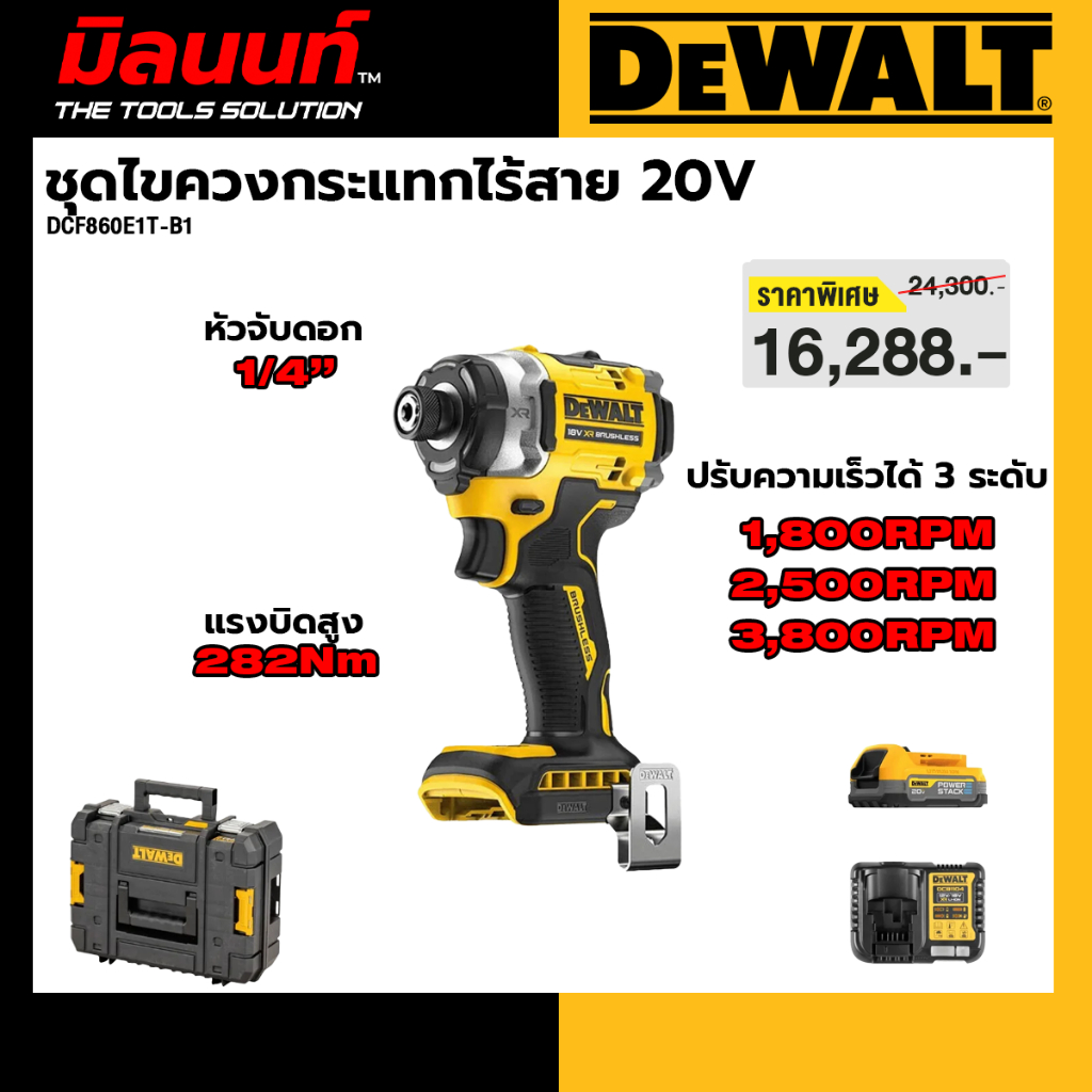 DEWALT รุ่น DCF860E1T-B1 ชุดไขควงกระแทกไร้สาย 20V Max