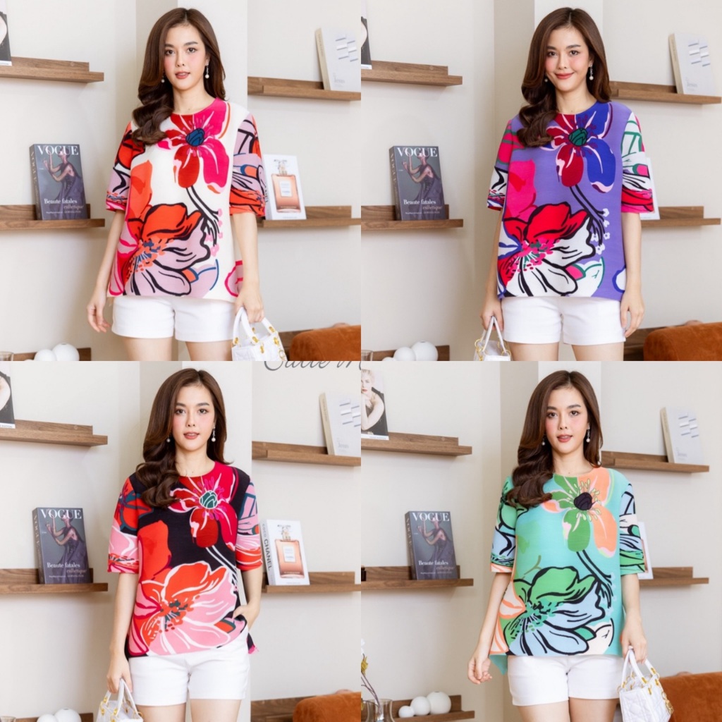 Cutie minute เสื้ออัดพลีทลายดอกไม้สีสดใส เสื้อทรงคลาสสิค ใส่ไปทำงายสวยๆ(PT4726)
