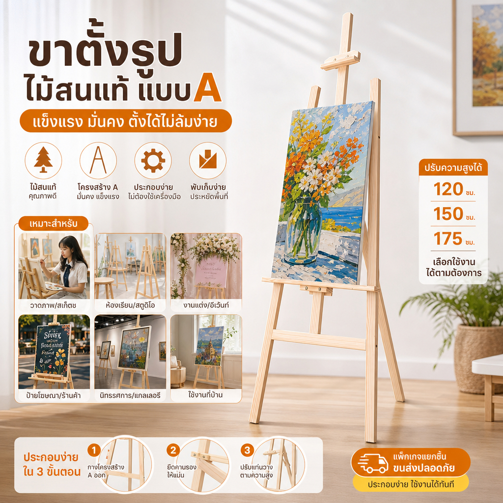ขาตั้งวาดรูปไม้แท้ (1.2/1.5/1.75m) ขาตั้งป้าย งานแต่งงาน/คาเฟ่ พับได้ ปรับระดับได้ แข็งแรง รับน้ำหนักได้ดี [พร้อมส่ง]