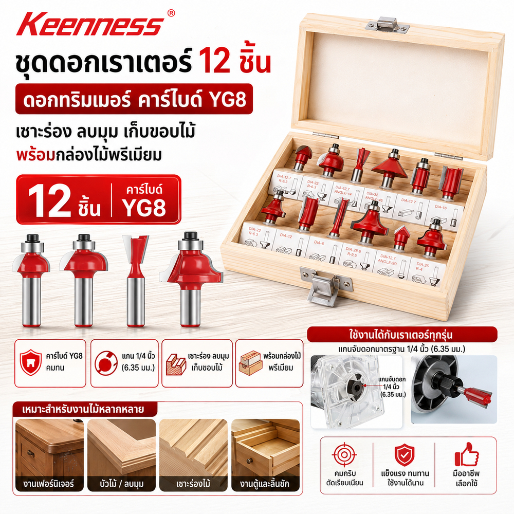 Keenness ชุดดอกเราเตอร์ ดอกทริมเมอร์ 12 ชิ้น คาร์ไบด์ YG8 เซาะร่อง ลบมุม เก็บขอบไม้ พร้อมกล่องไม้พรีเมียม