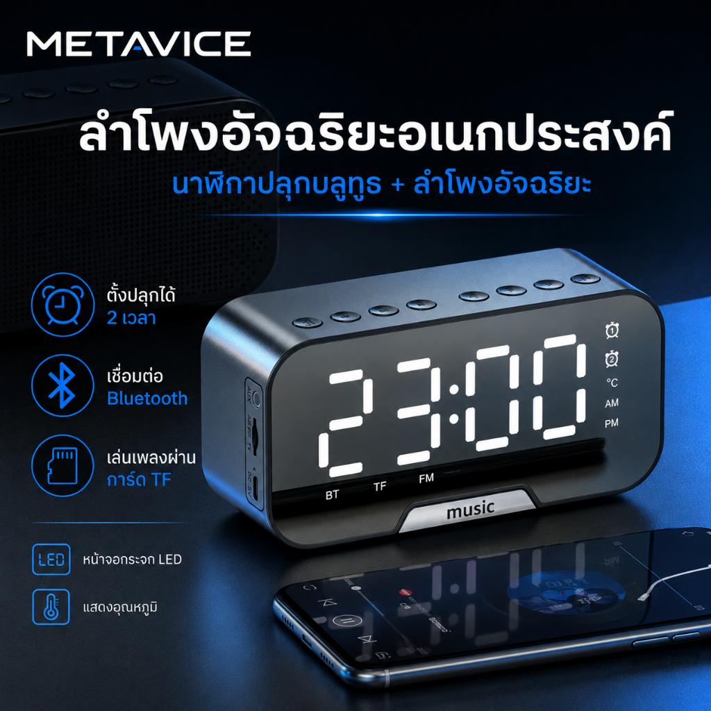Metavice ลำโพงบลูทูธพกพา นาฬิกา LED วิทยุ FM | ลำโพงขนาดเล็ก แบบดั้งเดิม พร้อมฟังก์ชันตั้งปลุกและแสดงเวลา ME025