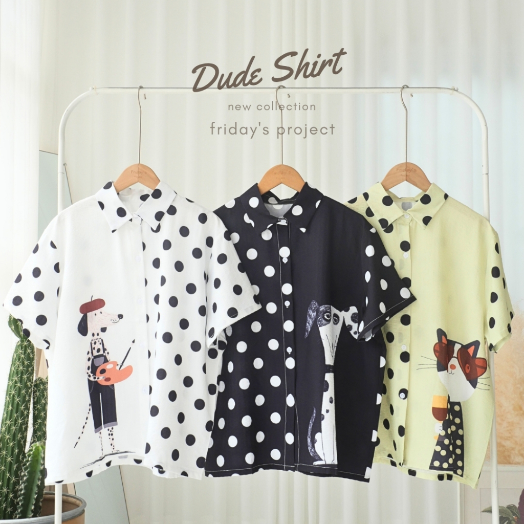 dude shirt เสื้อเชิ๊ตผ้าไม่ต้องรีดสกรีนลายจุด ผ้าพริ้ว ไม่ร้อน