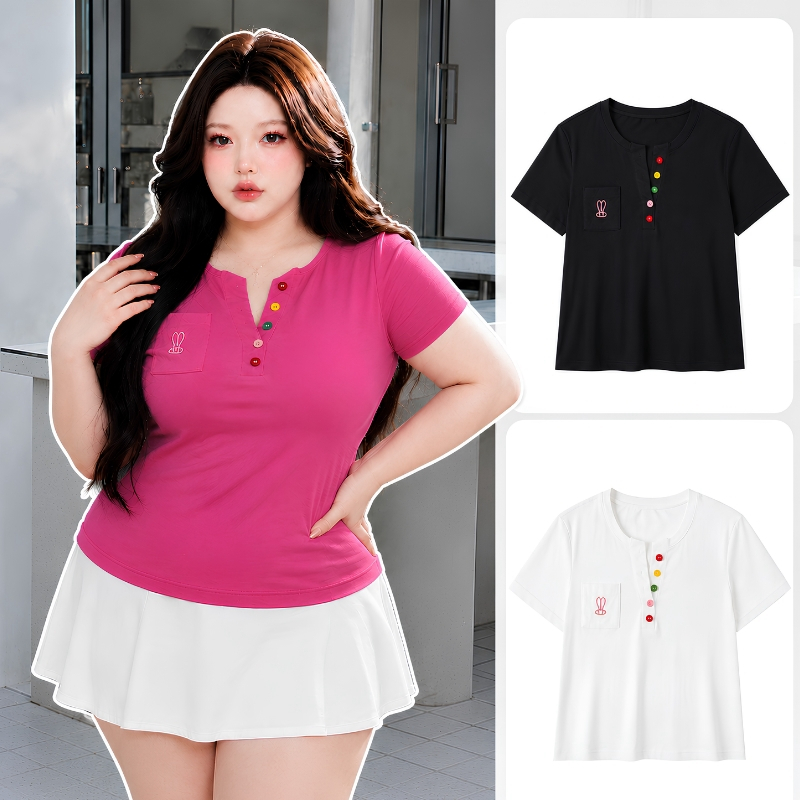 เสื้อยืดสาวอวบ งานแฟชั่นแต่งกระดุมมีกระเป๋าเสื้องานปัก ผ้านุ่มเด้งใส่สบาย #tb209