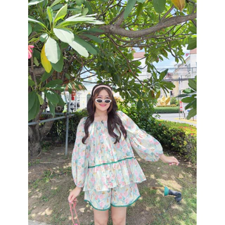 NITAAN 🌊(50)BE BEACH SET เซตเสื้อโอเวอร์ไซด์แต่งโบว์หลัง ผ้าคอตตอน 100% คู่กางเกง สามส่วน สวยมากค่า