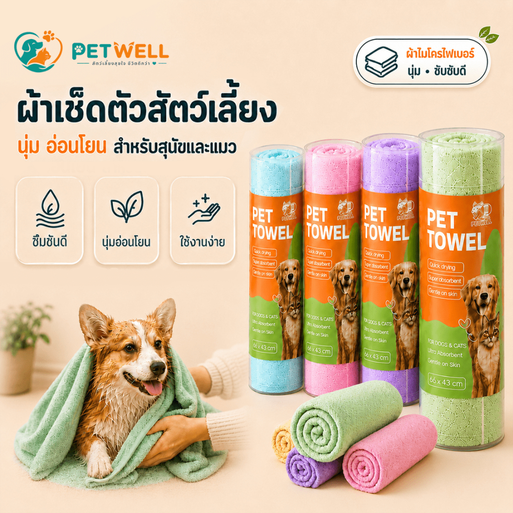 Petcho ผ้าขนหนูสัตว์เลี้ยง เช็ดขนแมว เช็ดขนสุนัข ผ้าไมโครไฟเบอร์ ซึมซับน้ำ แห้งเร็ว นุ่มและไม่เป็นขุย