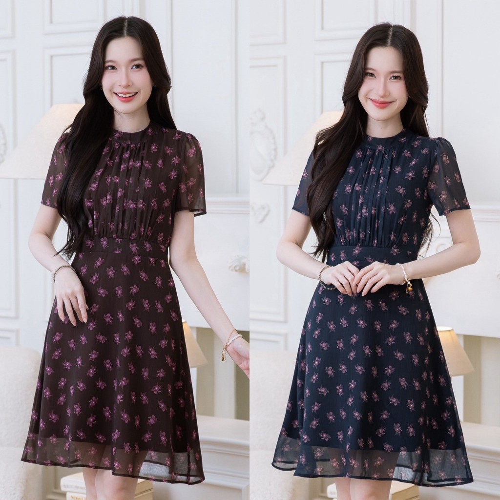 เดรส ALERT BRAND ชีฟองลายดอก แพทเทิร์นขายดี ลายผ้าโทนสีเข้มช่วยพรางหุ่น ตัดดอกชมพู แอบมีความหวานนิดๆ สวยพริ้วใส่สบาย