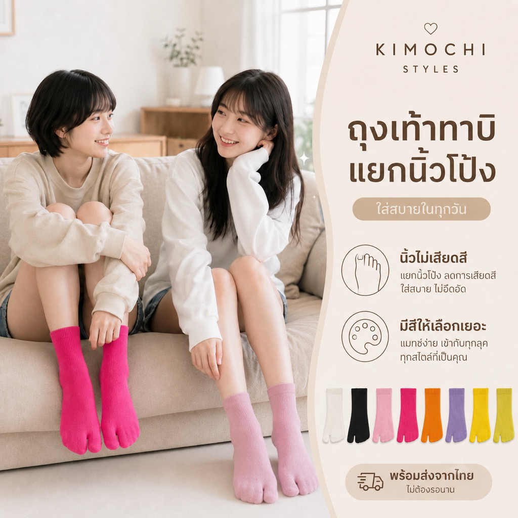 ถุงเท้าแยกนิ้ว 2 นิ้ว สีสดใส พร้อมส่งในไทย ระบายอากาศดี ถุงเท้าข้อสั้น ใส่บาย สไตล์ญี่ปุ่น