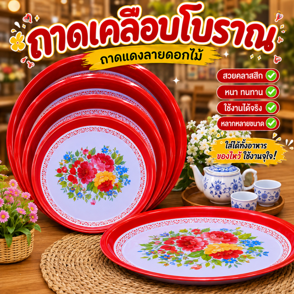ถาดเคลือบโบราณ ถาดแดงเคลือบลายดอกไม้ ถาดแดง เกรดหนา ใส่ของไหว้พระ ใส่อาหาร มีหลายขนาด พร้อมส่งในไทย