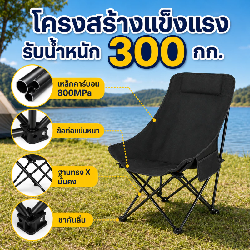 【ซื้อ 1 แถม 1】เก้าอี้แคมป์ปิ้ง พับได้ พนักพิงสูง ผ้า Oxford 600D เก้าอี้สนามพกพา พร้อมถุงเก็บ รับน้ำหนัก 300 กก. thumbnail 5