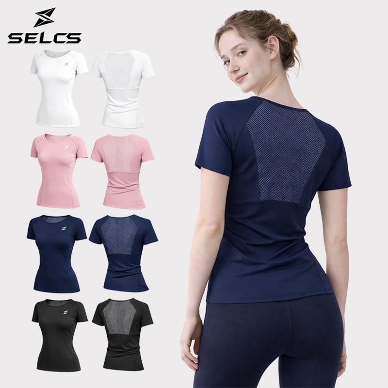 SELCS เสื้อยืดออกกำลังกายผู้หญิง ตาข่ายระบายอากาศหลัง แห้งไว ดูดซับเหงื่อ ใส่โยคะ ฟิตเนส L65