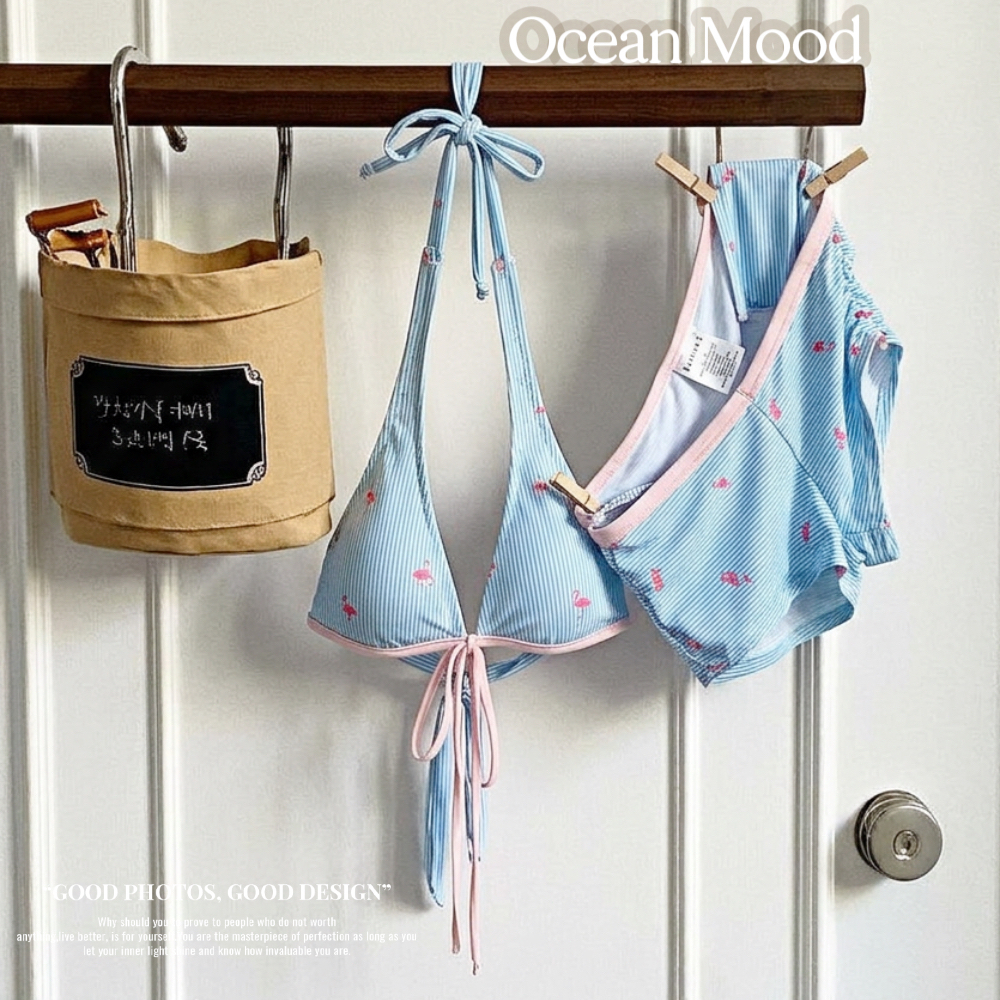 Ocean Mood | ชุดว่ายน้ำทูพีซ บิกินี่เสื้อผูกคอ กางเกงขาสั้น ลายทางฟ้าขอบชมพู ใส่เที่ยวทะเล Swimwear