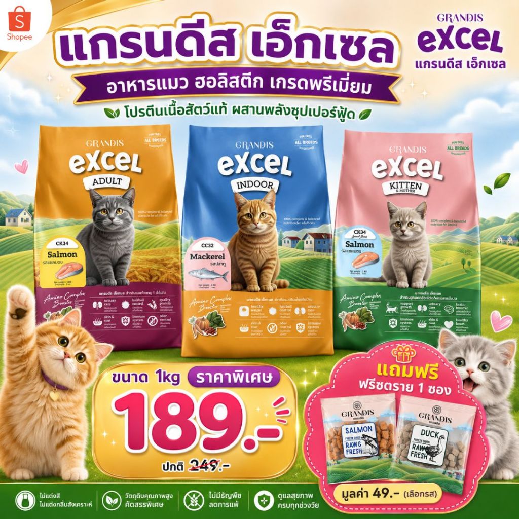 [ซื้อ 1kg แถม ฟรีชดราย 1ซอง ]  แกรนดีส เอ็กเซล (1กก) อาหารแมว Holistic เกรดพรีเมี่ยม GRANDIS EXCEL