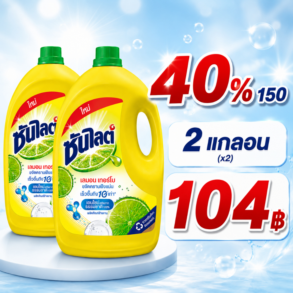 🟦 [Live 40%] ซันไลต์เลมอน เทอร์โบ แบบแกลอน 3200 มล