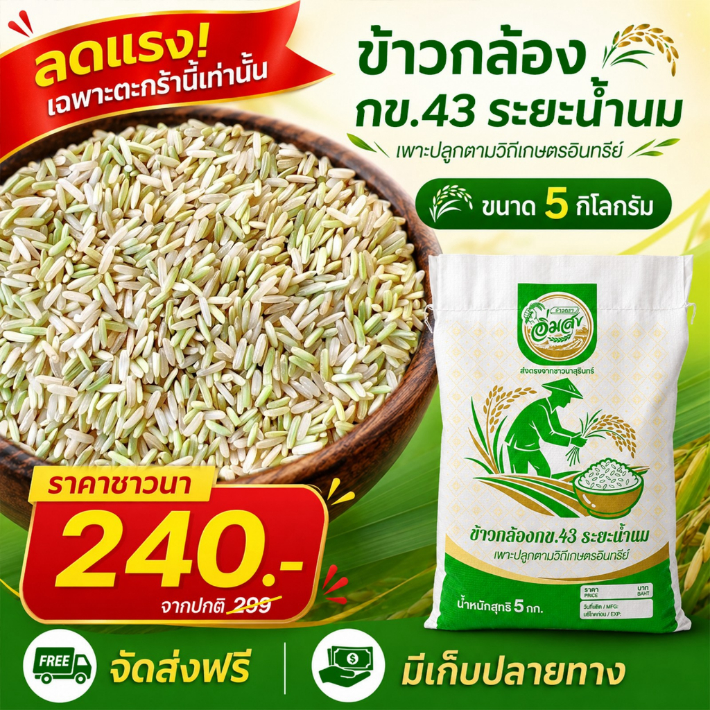 ข้าวกล้อง กข.43 ระยะน้ำนม ตราอิ่มสุข (กระสอบ 5 กิโล) น้ำตาลต่ำ เบาหวานความดันควรทาน