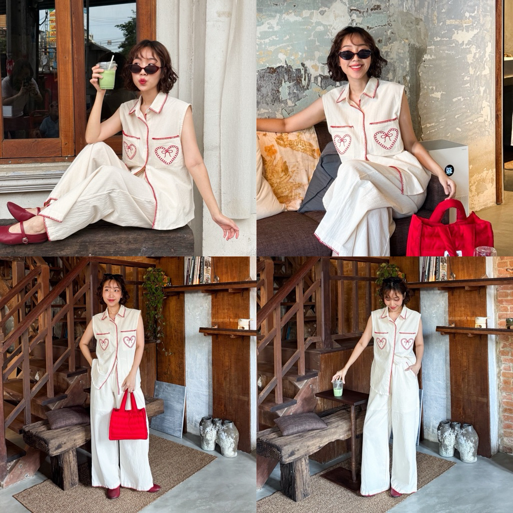 Sawat bt "Simple crochet set "เสื้อแขนกุดกระดุมหน้าถักขอบด้าย ปักตรงกระเป๋า2ข้าง
