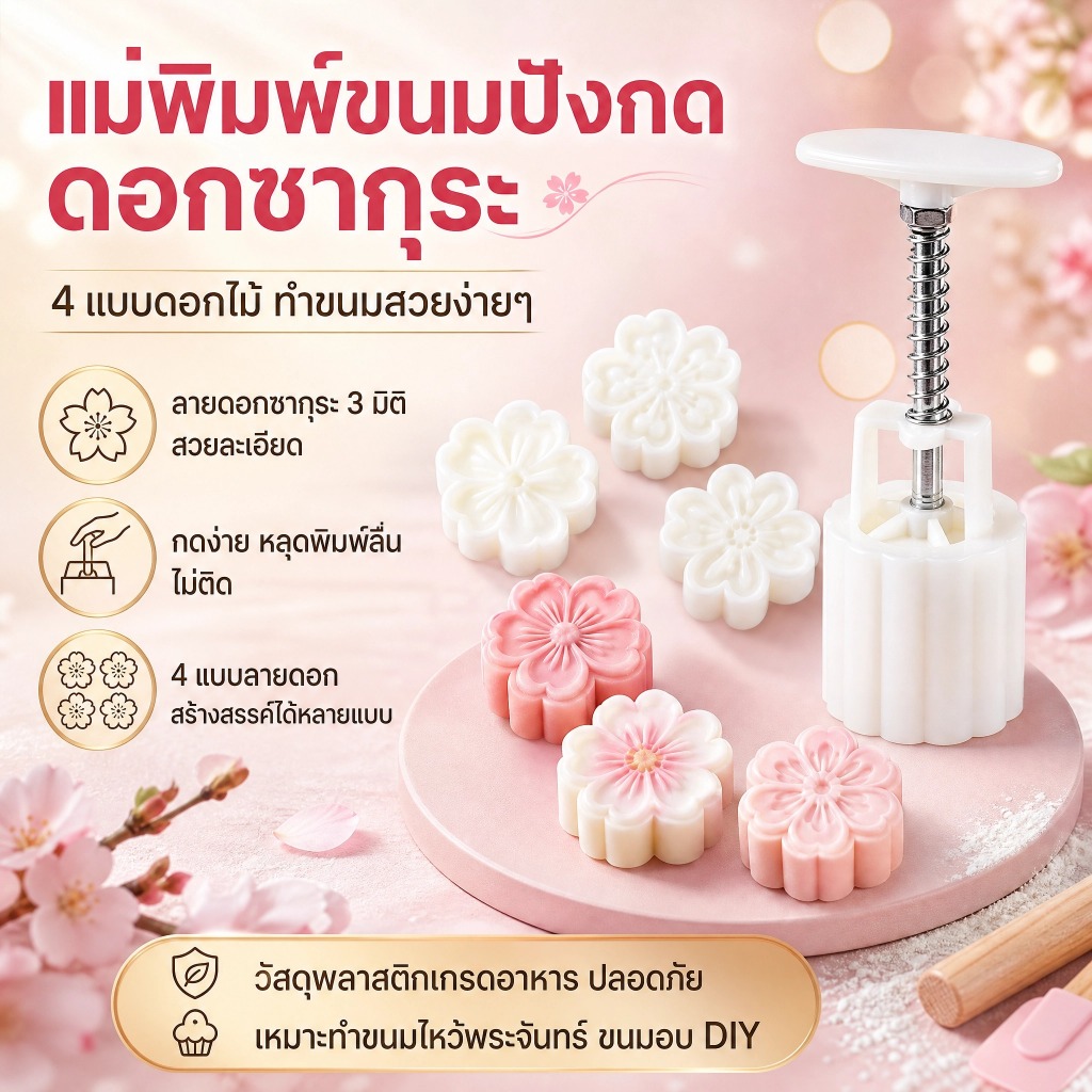 LEMO-T แม่พิมพ์ขนมไหว้พระจันทร์4ชิ้น/เซ็ตแสตมป์ลายดอกซากุระดอกไม้แม่พิมพ์กดมือเครื่องมือกดเครื่องมือทำขนม