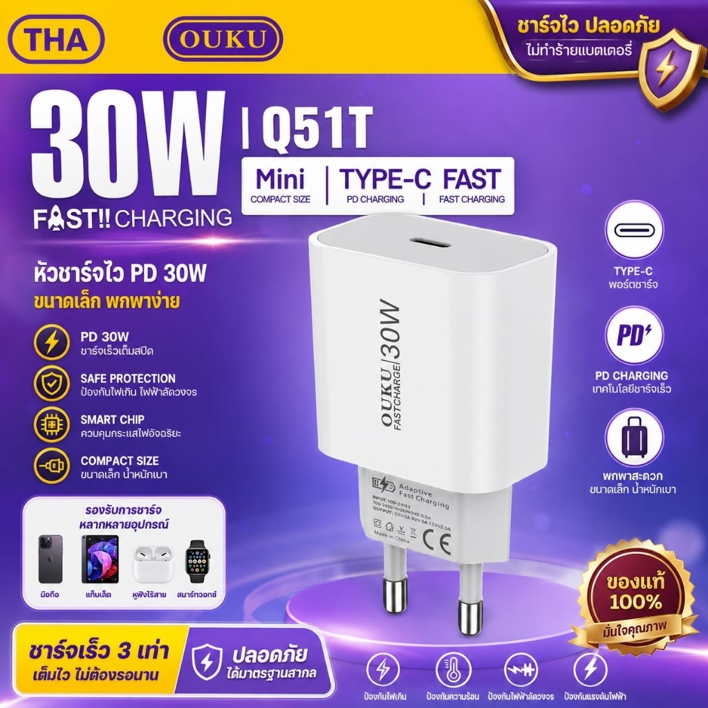 ⚡️ หัวชาร์จ OUKU Q51T 30W PD FAST CHARGING
