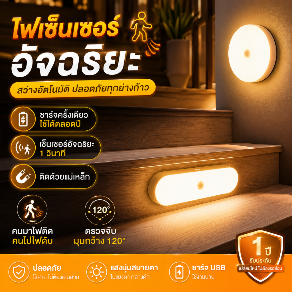 ไฟเซนเซอร์อัตโนมัติ ตรวจจับเคลื่อนไหว LED ไร้สาย ชาร์จUSB มีแม่เหล็ก โคมไฟกลางคืน เหมาะห้องนอน หัวเตียง บันได