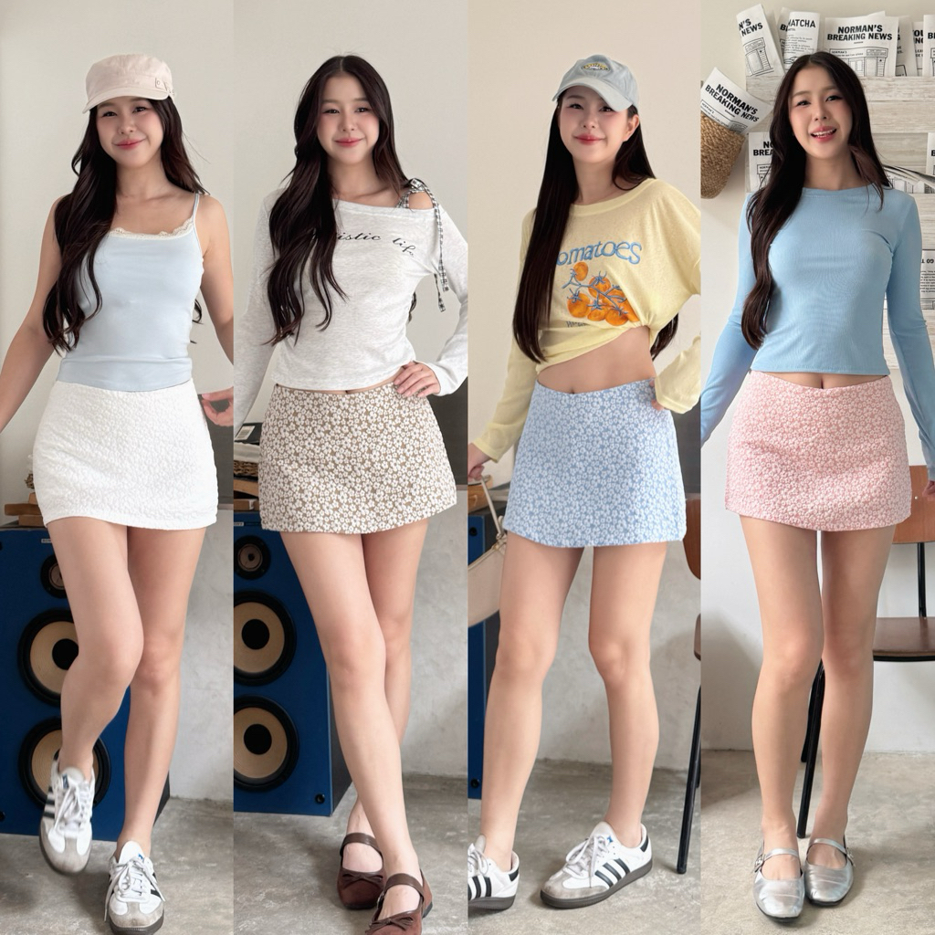 กระโปรงกางเกงหน้าเรียบซิบหลัง ผ้าแจ็คการ์ด🧇✨🧸 เนื้อผ้าลายดอกไม้ กางเกงด้านในเป็นผ้าในตัว