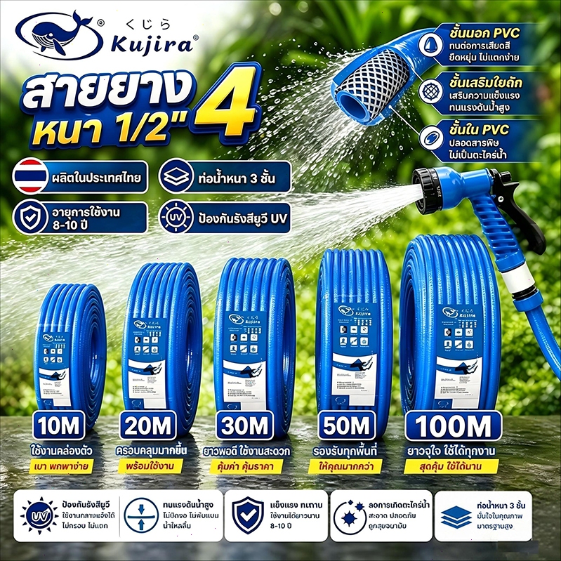 【โครงสร้างหนา 3 ชั้น】สายยาง 4 หุน(1/2") สายยางรดน้ำต้นไม้ 10-50 เมตร ป้องกันรังสียูวี 8ปีไม่แข็งกรอบ ชุดล้างรถ ครบเช็ท