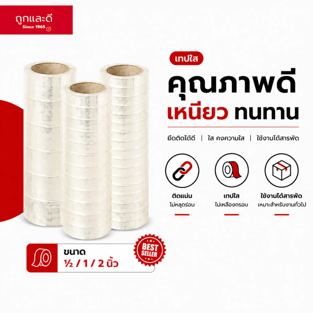 Took Lae Dee เทปใสปิดกล่อง 2 นิ้ว หนา 50 ไมครอน ยาว 100 หลา (ยกลัง 72 ม้วน) กาวเหนียว ทนทาน